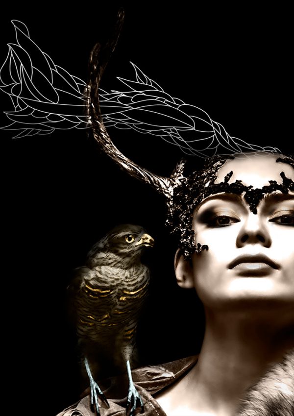 Artistic depiction of a woman with a bird on her shoulder against a dark background