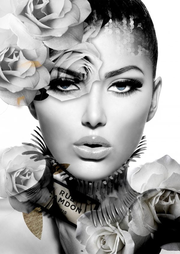 Alexis Fashion Art/ Black and white portrait of a person with floral elements.