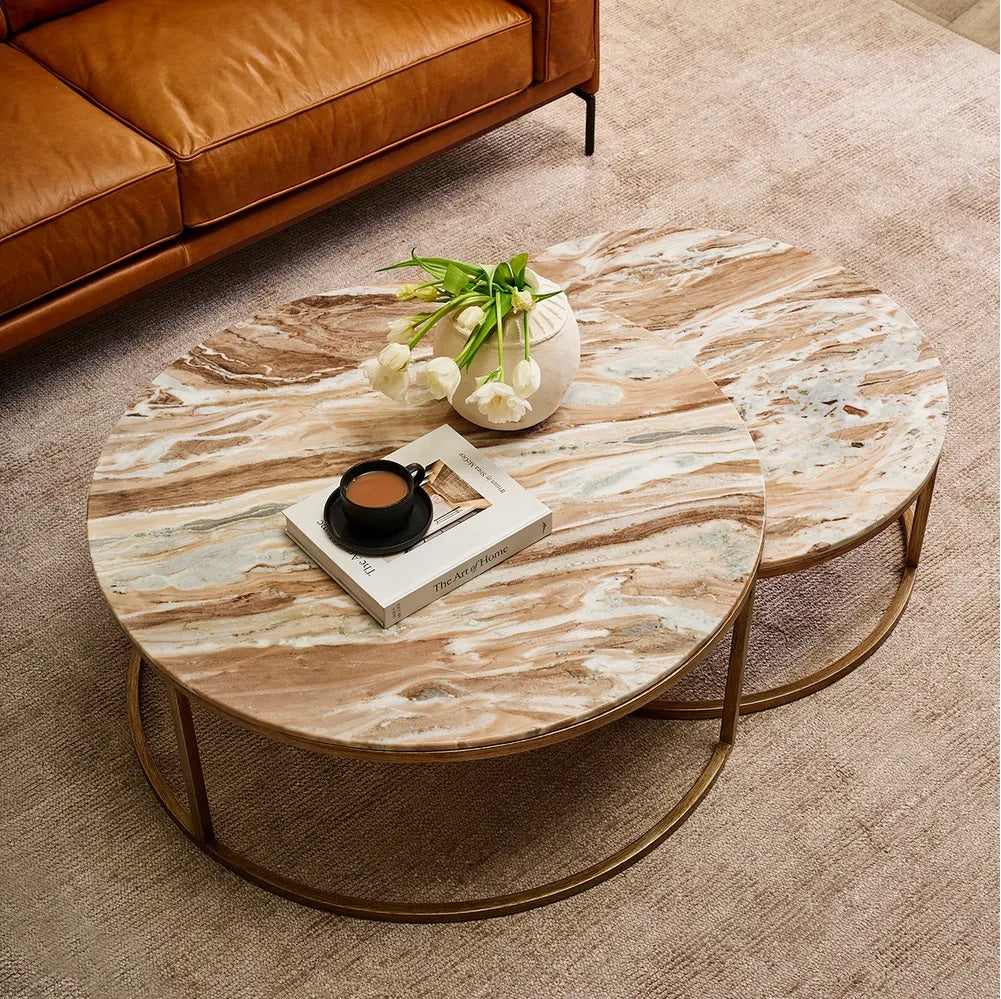 Cloe Pink Marble Nesting Coffee Table - Gold