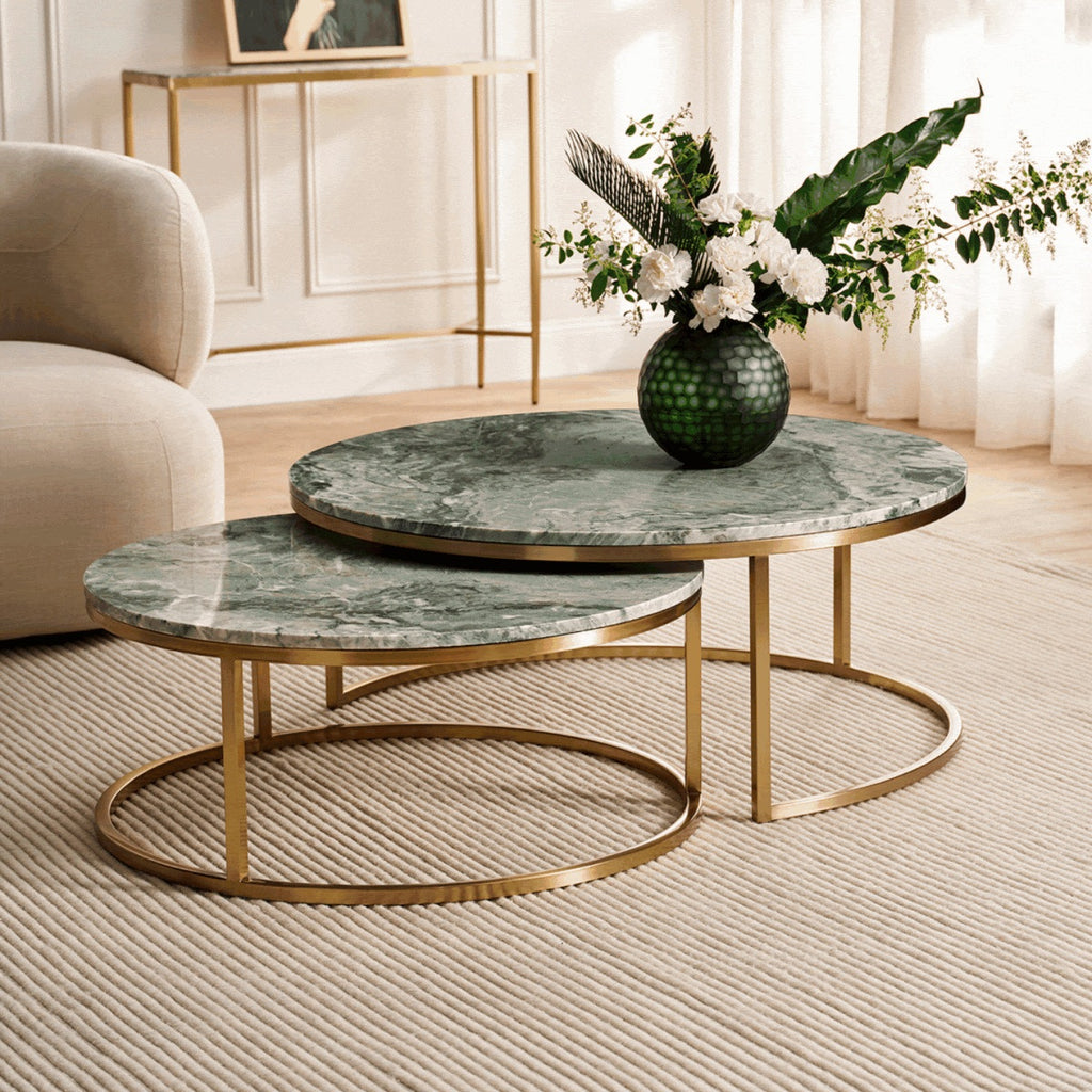Cloe Dusty Jade Marble Nesting Coffee Table - Gold