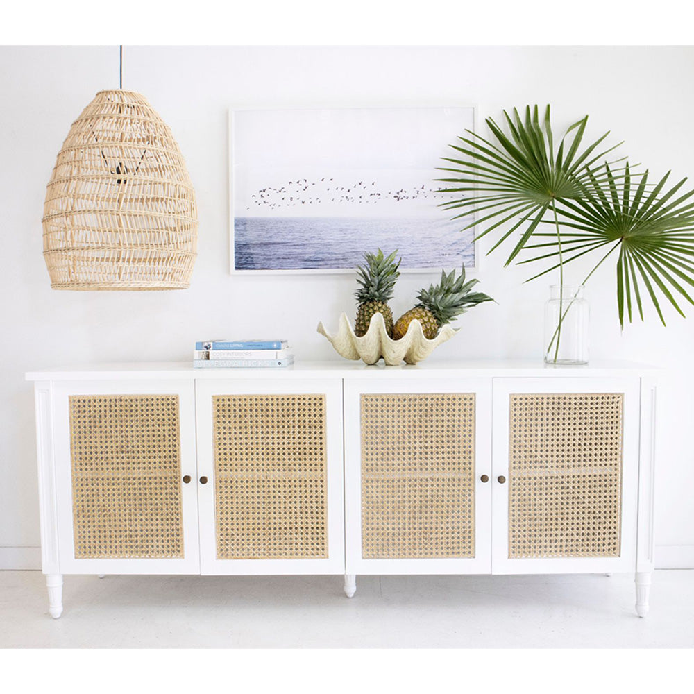 Raffles White Four Door Sideboard – Rattan – Attica House